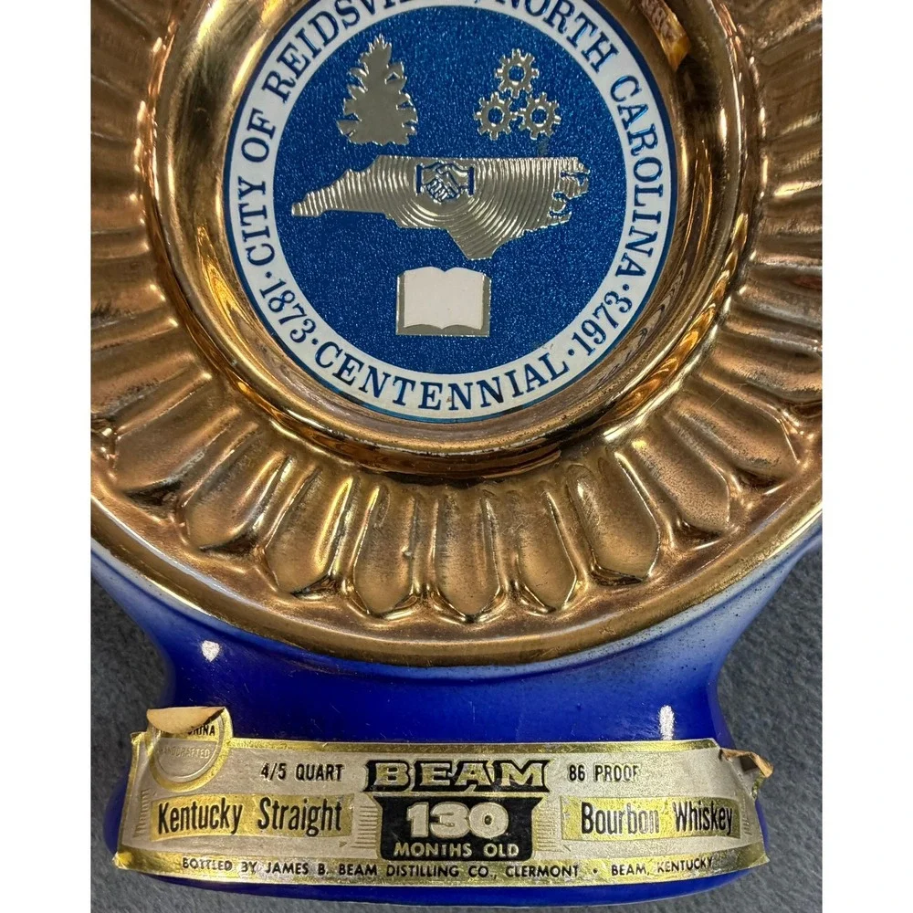 Jim Beam Reidsville NC Centennial Decanter 1873-1973 Blue Gold Vintage Ceramic